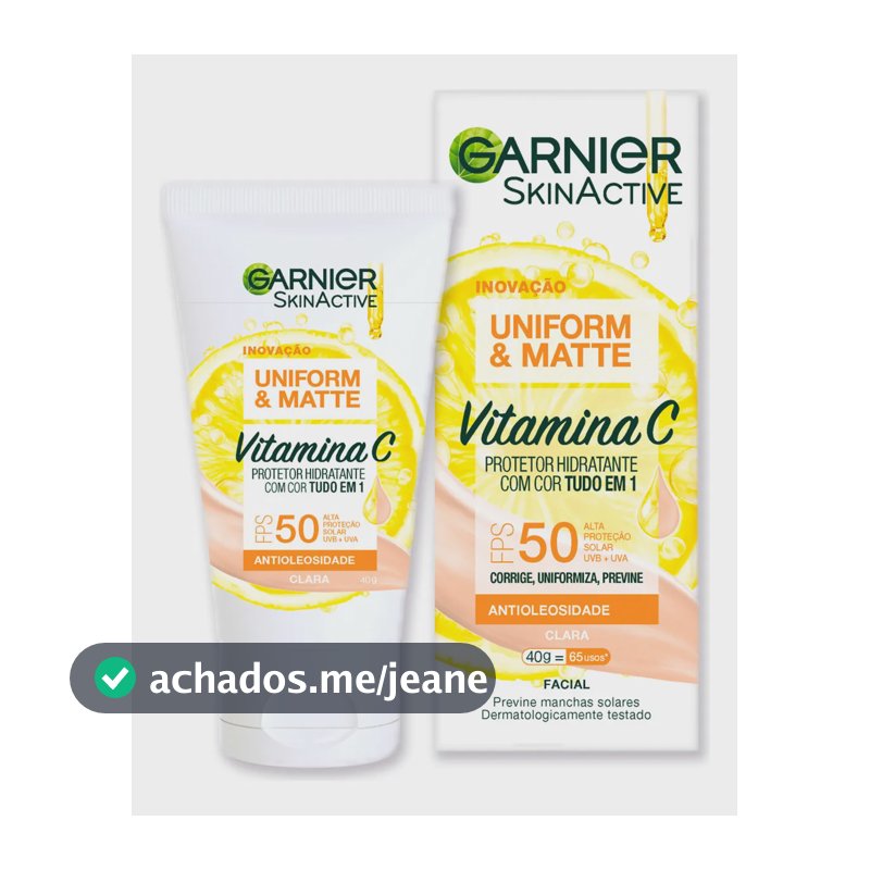 Protetor Solar Hidratante Facial com Vitamina C, Efeito Matte e Ação Redutora de Manchas, Cor Clara, Uniform & Matte Garnier, 40g