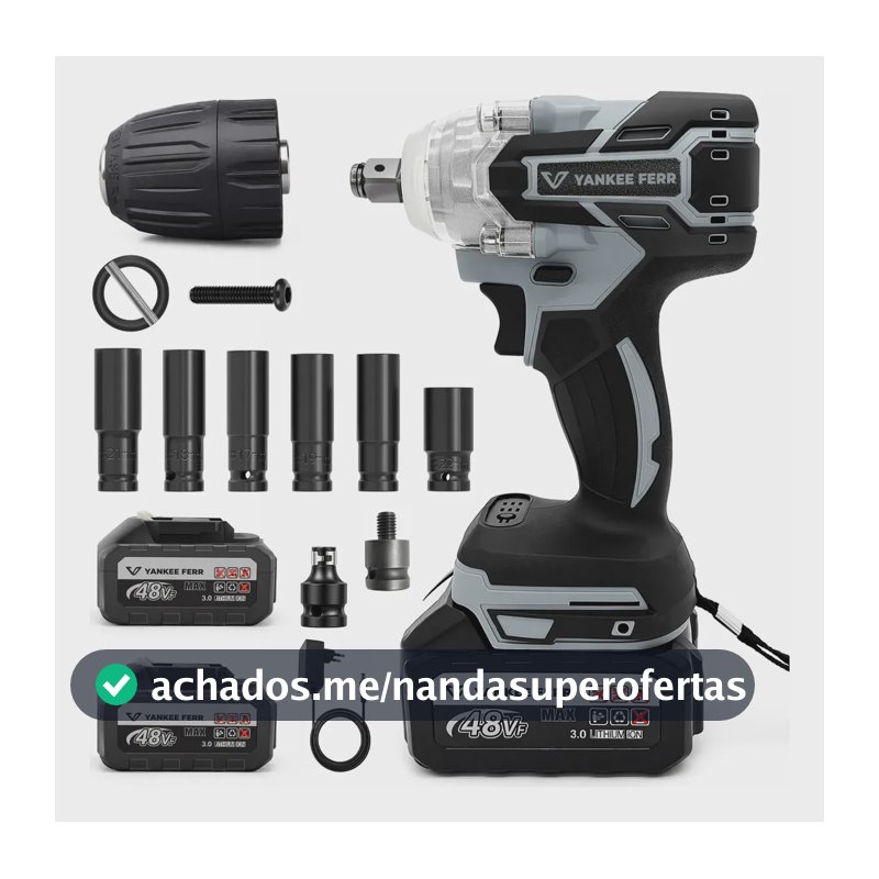 Chave De Impacto Sem Fio 48v Potente 2 Baterias Kit Soquetes Cinza 48v