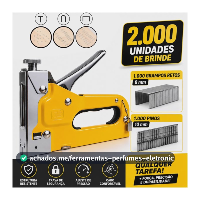 Grampeador Tapeceiro Madeira Estofado Profissional Tapeçaria Alta Pressão Com 2000 Grampos