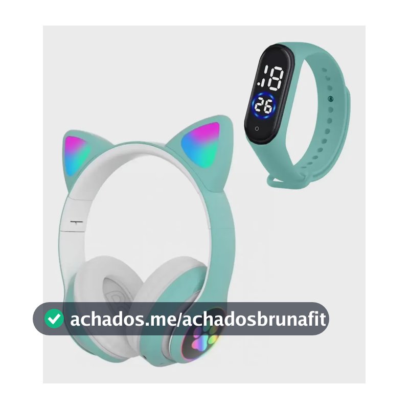 Fone Ouvido Gatinho Bluetooth Adulto Crianças + Relógio Led Fone Gatinho Verde