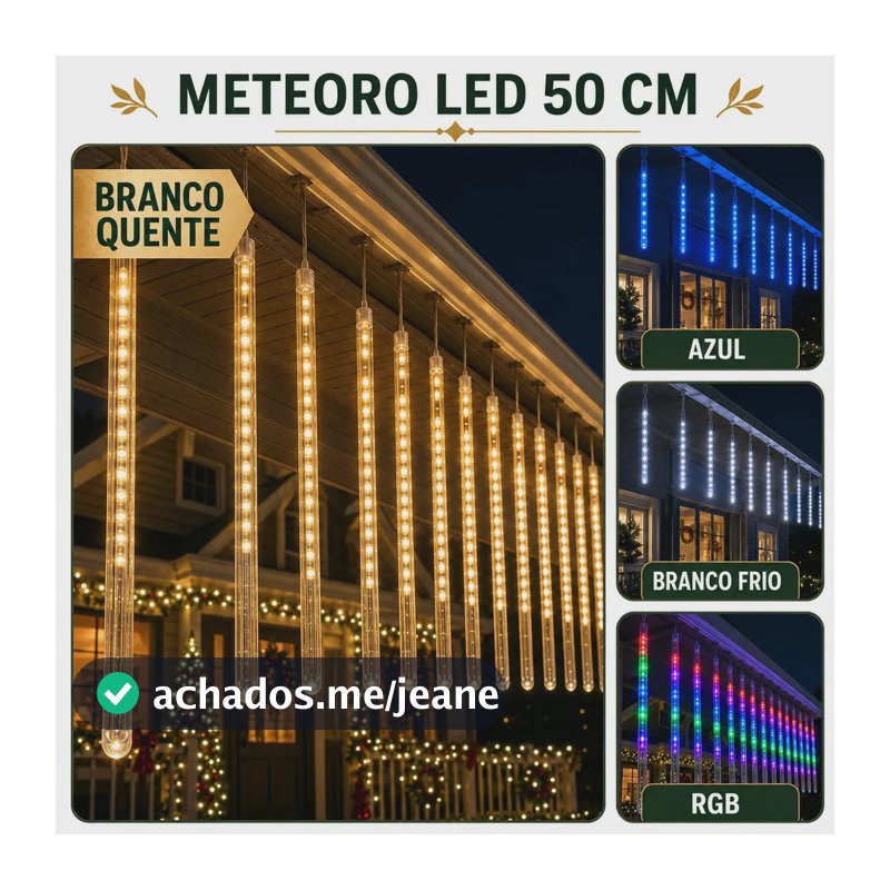 Cascata Meteoro 50cm 8 Tubos Led 3 Metros Bastão Chuva IP65 Decoração Natal Festas Bivolt Cor Branco Quente LuvinCo