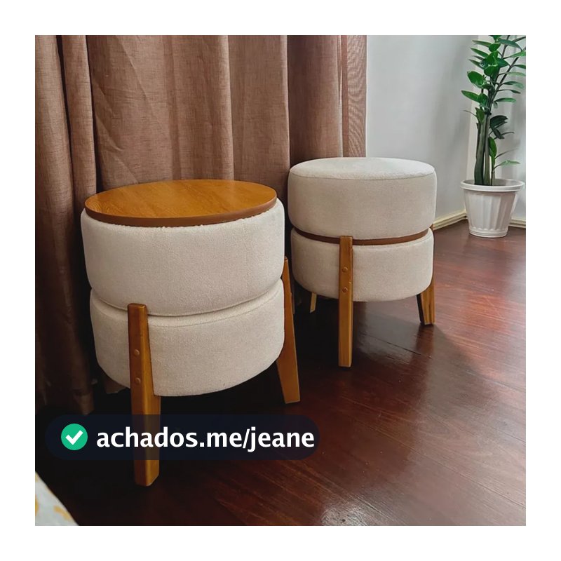 Pufe Mesa Tecido Bouclê 45x38cm Porta Copos Estofado Redondo Bouclê Cru