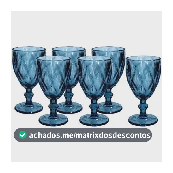 Jogo 6 Taça Vidro Decorado Textura Diamante Grossa 300ml Cor Azul