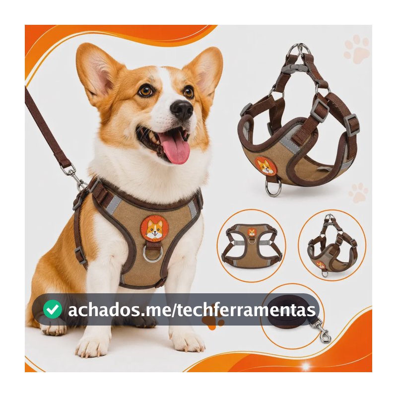 Coleira Peitoral Para Cachorros Gatos Reflexiva Com Guia 1,5m Pet Marrom P Notnull