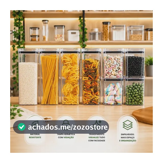 Kit 8 Potes Herméticos Mantimentos Quadrado Cozinha Tampa Vedação Hermética Amobox
