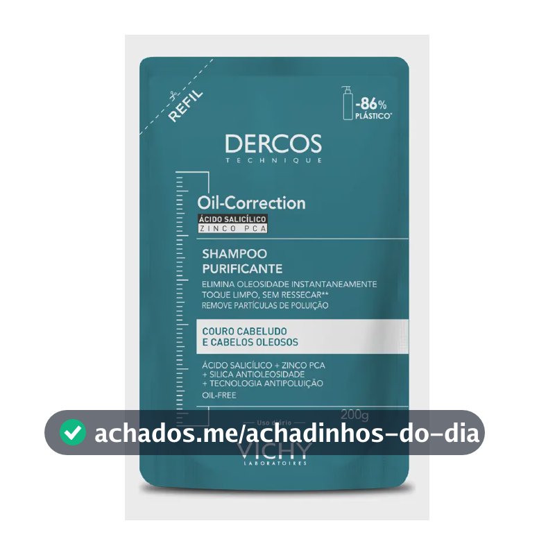 Refil Shampoo Purificante para Cabelos Oleosos Limpeza Profunda sem Ressecar os Fios Fórmula com Ácido Salicílico e Zinco PCA Oil-Correction Vichy Dercos 200g