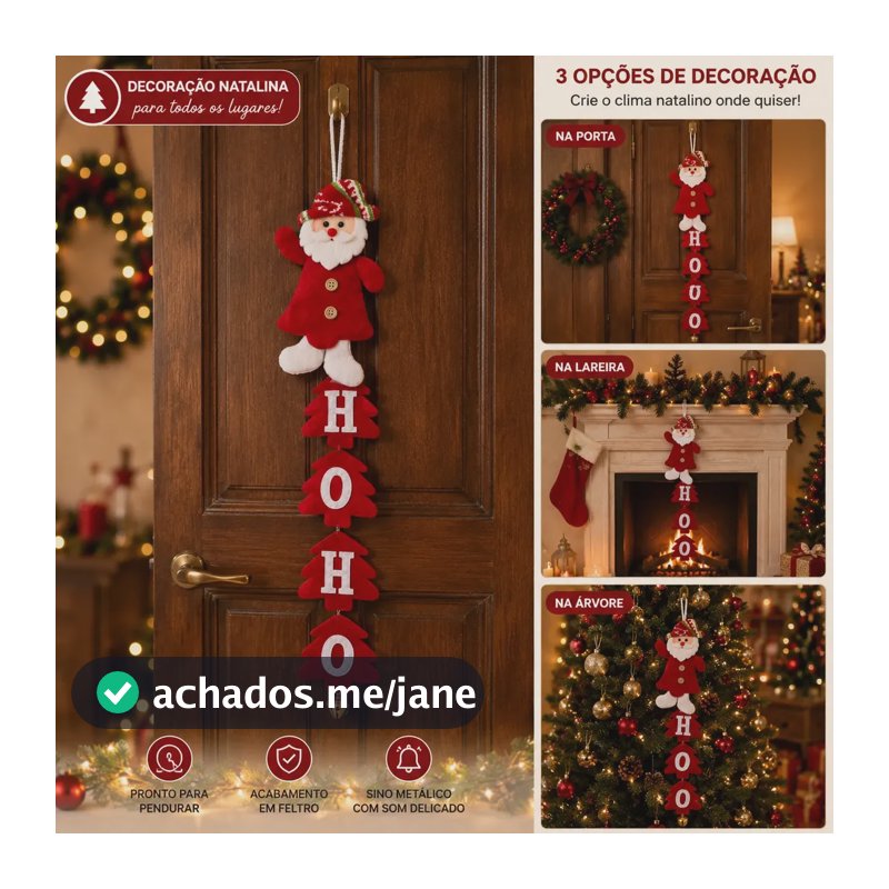 Guirlanda Papai Noel Ho Ho Ho Enfeite de Porta em Feltro Decoração Natalina Pendente com Sino Dourado Natal Casa Sala Lareira Presente Fim de Ano