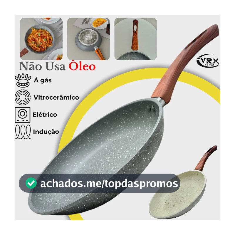 Frigideira Cerâmica 24cm Grande Premium Antiaderente Fogão Cooktop Gás Elétrico Indução Fundo Triplo Frita sem Óleo Cozinha Profissional Cabo de Baquelite Soft Touch Antitérmico VYROX