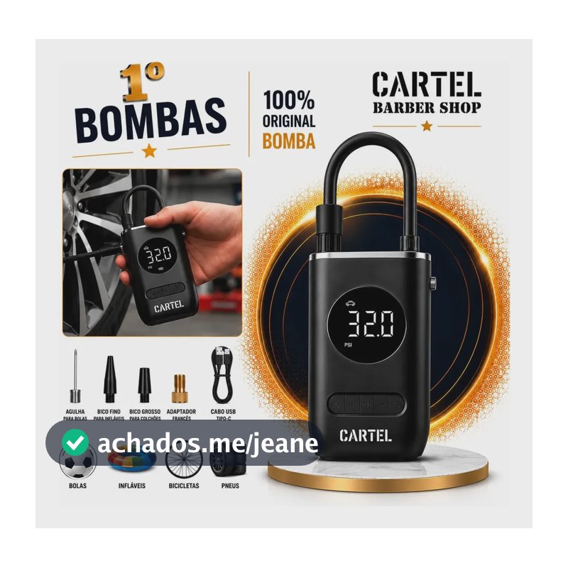 Mini Compressor Digital Portátil Cartel Barber Shop para Carro Moto e Bicicleta com Calibrador Digital Inflador Elétrico de Pneus 12V Display LCD Lanterna LED Compacto e Recarregável Preto