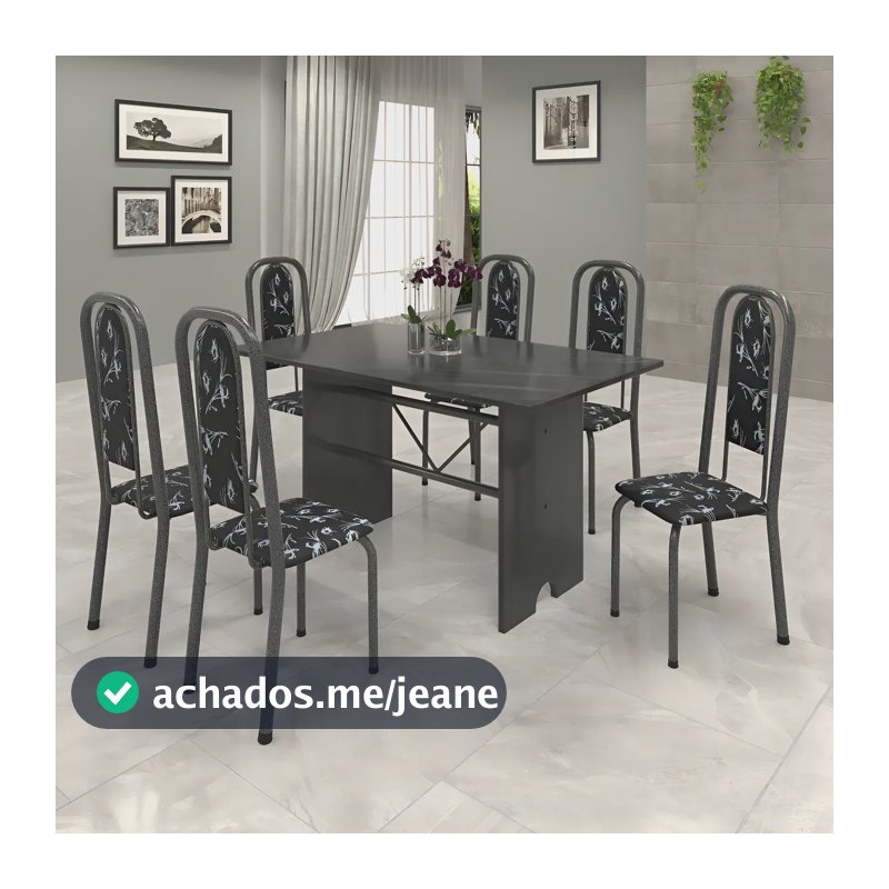 Conjunto De Mesa 140x75cm Tampo Ardósia Com 6 Cadeiras