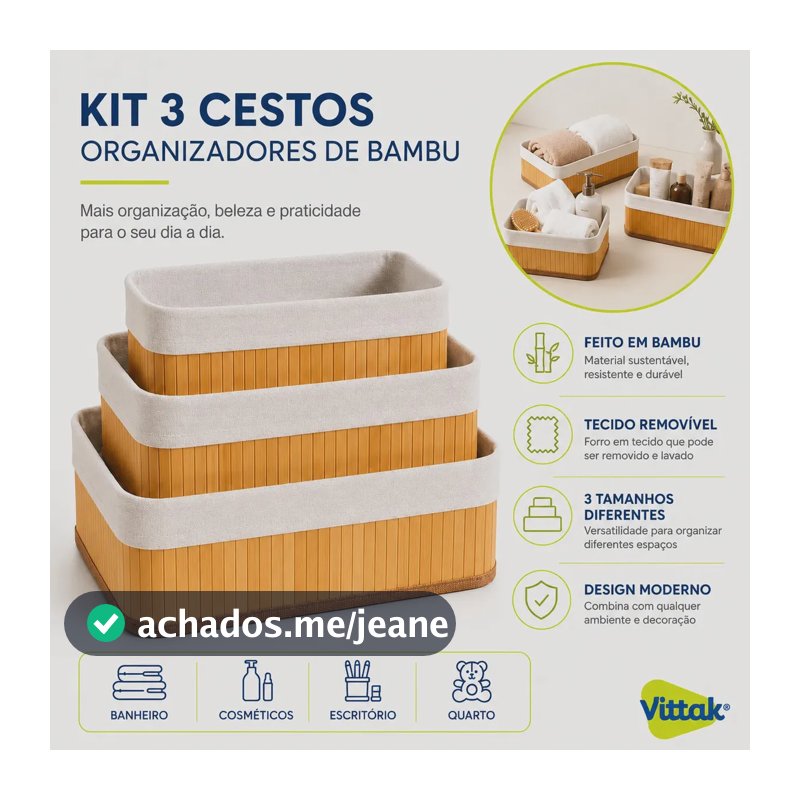 Vittak Kit 3 Cestos Organizadores de Bambu com Forro Multiuso Decorativo para Roupas Brinquedos Toalhas Cozinha Banheiro Sala Quarto Closet Lavanderia