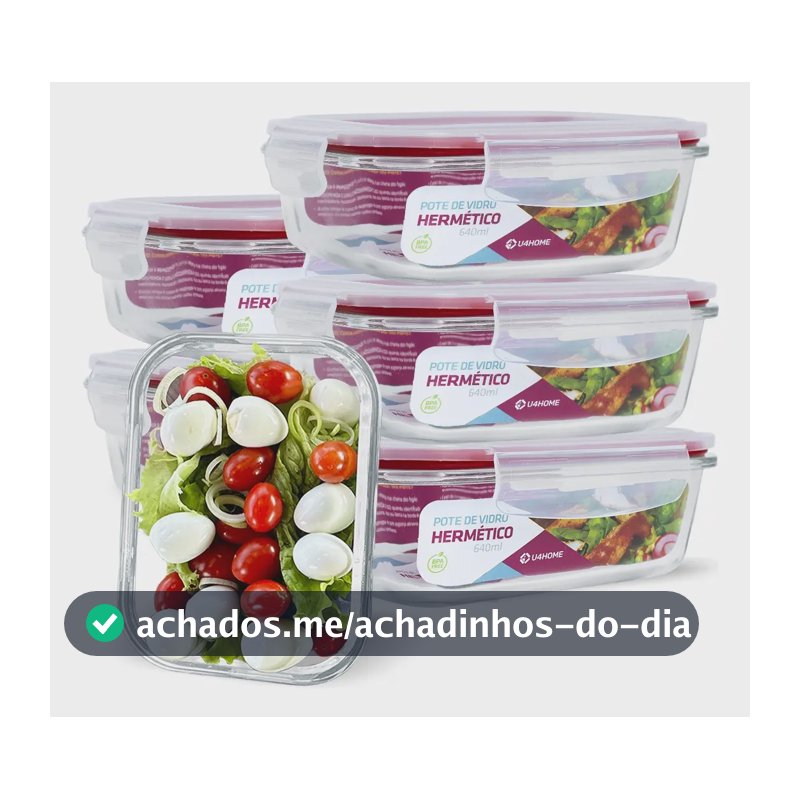 Conjunto 6 Potes Vidro Hermético Retangular 640ml Marmita Micro-ondas Vermelho Nabox