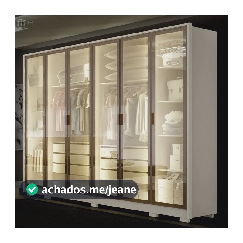 Guarda-roupa Casal 6 Portas Reflectas Com Led 6 Gavetas Mdf Off White