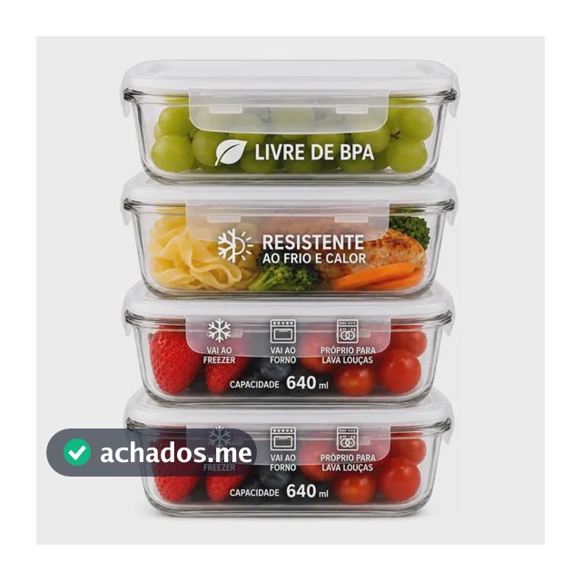 Kit 4 Potes Vidro 640ml Hermético Marmita Forno Refratário Transparente