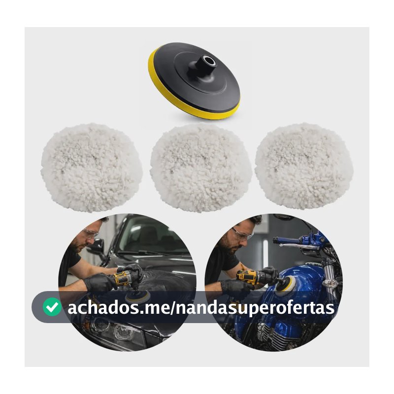 Kit Polimento Automotivo de Lã para Furadeira e Esmerilhadeira Com 3 Boinas e Adaptador