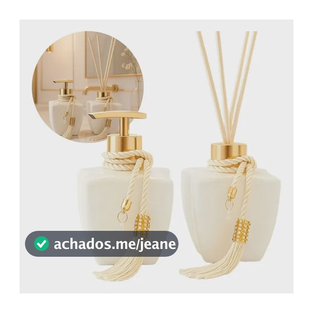 Kit Vidros Lavabo Branco Luxo C/ Enfeite Difusor E Sabonete