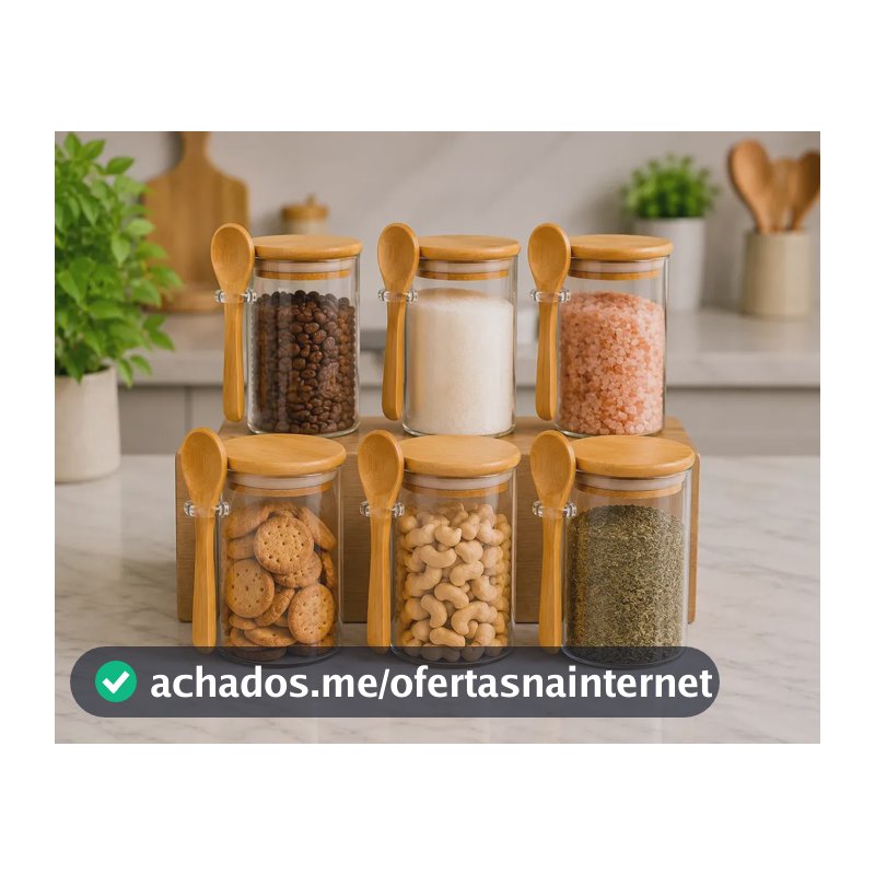 Kit 6 Potes De Vidro Herméticos 200ml Com Tampa De Bambu E Colher Porta Mantimentos Café Açúcar Temperos Grãos Organizadores Cozinha