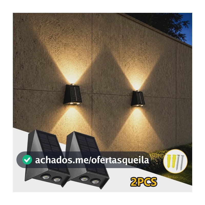 Arandela Solar LED de Parede com 3 Feixes de Luz Quente, Kit com 2 Unidades