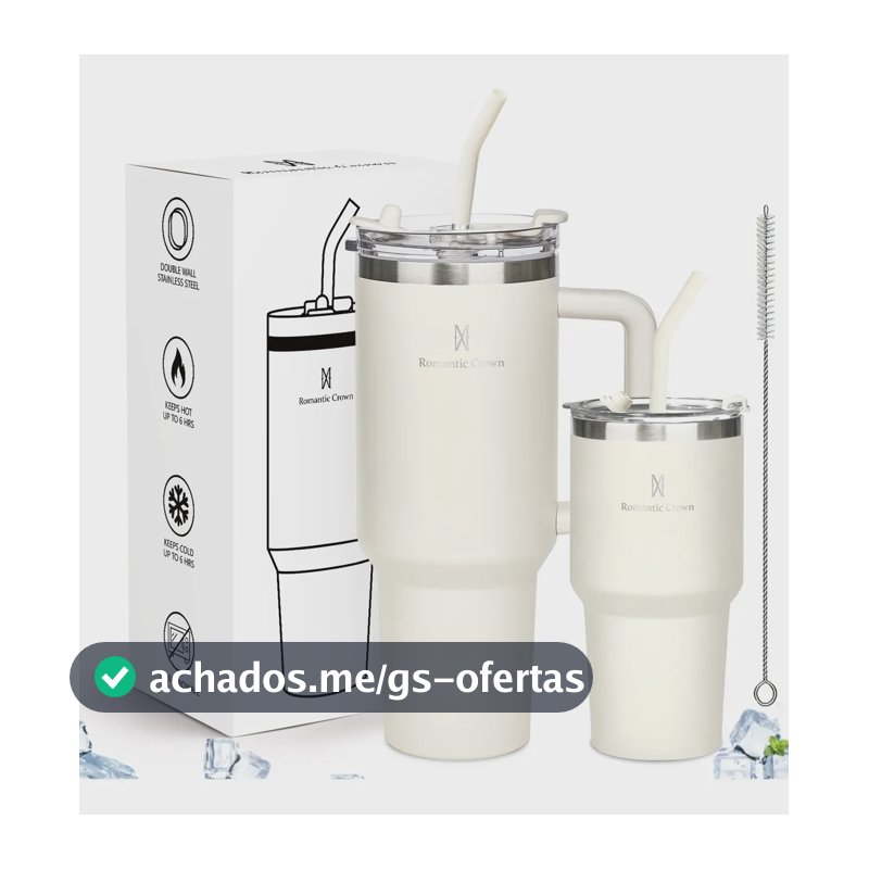 Kit Copo Térmica Inox 1200ml & 600ml Com Tampa E Canudo Branco Cor Pura