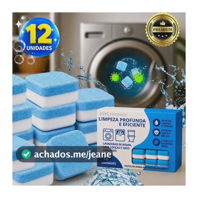 12 Tabletes Pastilhas Higienizar Limpar Máquina Lavar Roupa Lava Louças Limpeza Tambor Universal Kit Higienização Manutenção Anti Mofo Anti Odor Efervescente