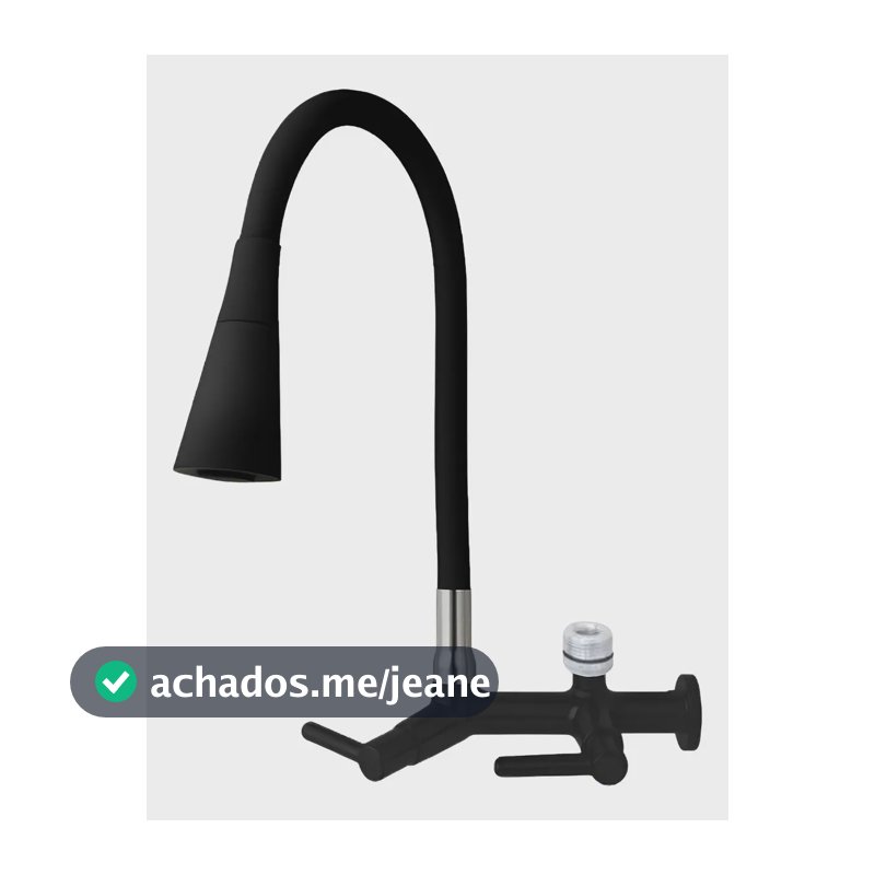 Torneira Gourmet Preta em Metal Para Parede De Cozinha Com Dupla Saída Rosca 1/4" 3/4" Para Filtro Ou Máquina Lava Louças e Roupas Bica Móvel Flexível Tubo Preto Cone Chuveirinho