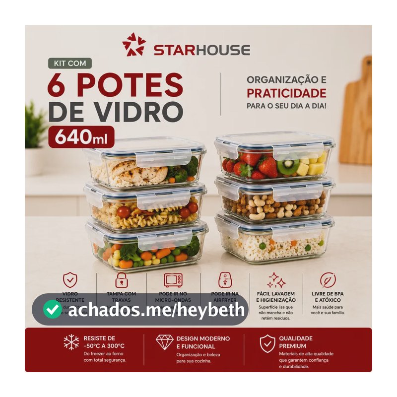 Kit 6 Potes 640ml Vidro Hermético 4 Travas Marmita Refratario Star House com 4 travas de super vedação