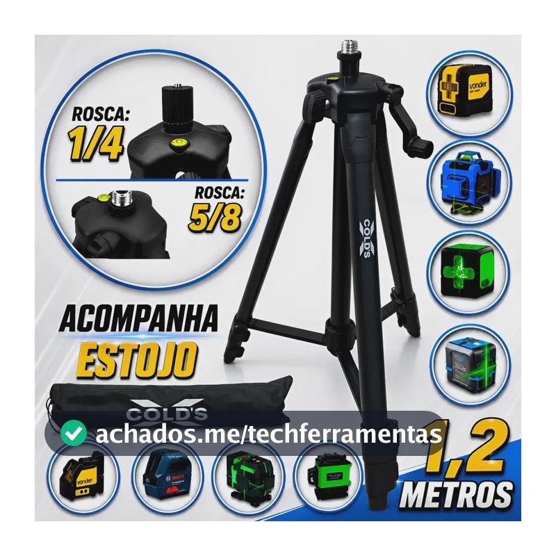 Tripé Reforçado Profissional para Nível a Laser 1,2 metro 120cm Rosca de 5/8 + adaptador de 1/4 + bolsa - PRETO XCOLDS