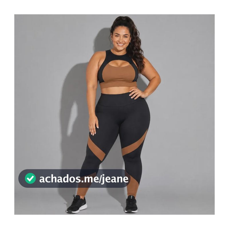 Conjunto Plus Size Top E Calça Academia Sem Transparência Preto/castanho Liso Básico G2 48/50
