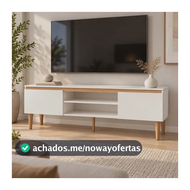 Rack Tv 55 Polegadas Estante Para Sala com 2 portas Nicho com Prateleira Madeira com Detalhe em Amadeirado Claro Branco