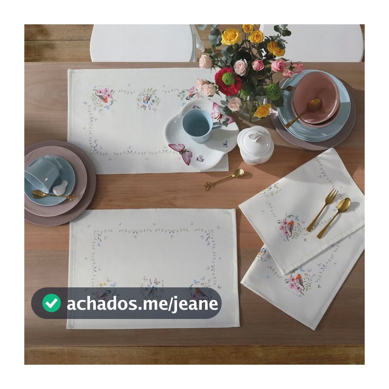 Kit Jogo Americano 4 Peças Retangular Estampado Dohler Clean Cor Branco Pássaros