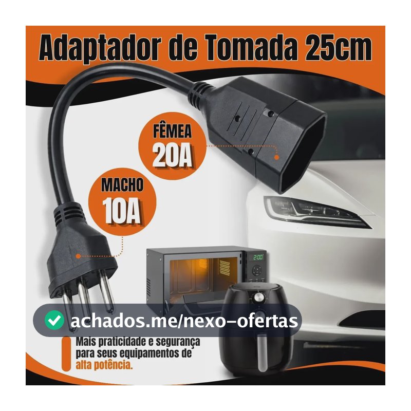 Adaptador Tomada 20A Para 10A Reforçado Bivolt Carregador Carro Elétrico Ar Condicionado Air Fry Micro-ondas