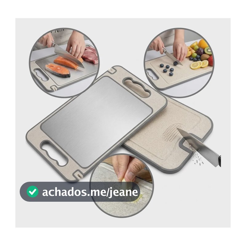 Tábua De Carne Dupla Face Inox E Titânio Antibacteriana Lisa Bege