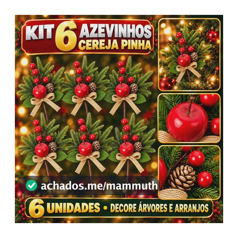 Kit 6 Pick Azevinho Galho Cereja Pinha Palito Natalino Enfeite Decoração Árvore de Natal LuvinCo