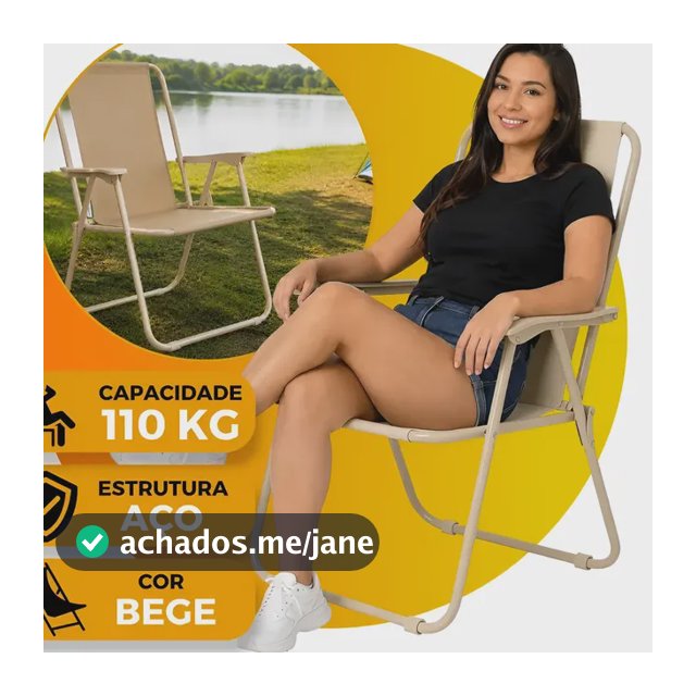 Cadeira De Praia Camping Dobrável Alta  110kg Aço Portátil Bege