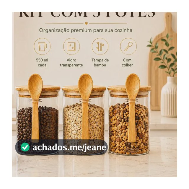 Kit 3 Potes Herméticos Vidro Borossilicato 550ml Tampa Bambu Colher Porta Mantimentos Café Açúcar Sal Temperos Condimentos Alimentos Secos Organizador Cozinha Vedação Silicone Hermético Honey Play Box