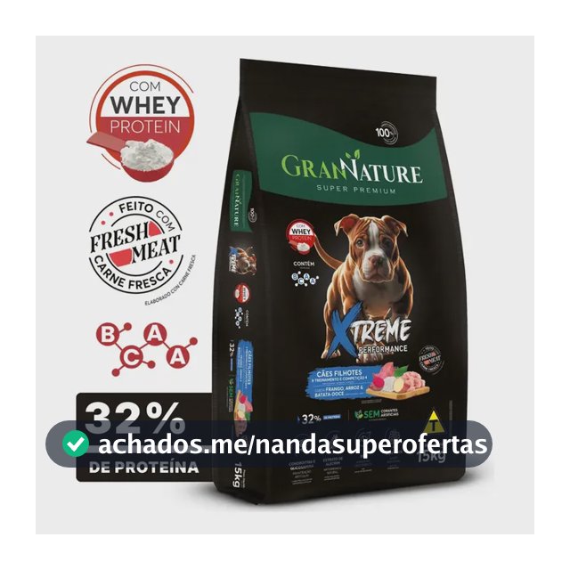 Ração Whey Protein Grannature Xtreme Alta Performance 32% Proteína para Cães Filhote raças Médio E Grande Porte Alimento Seco Sabor Frango Super Premium Com Bcaa Sem Corantes Saúde Articular 15kg