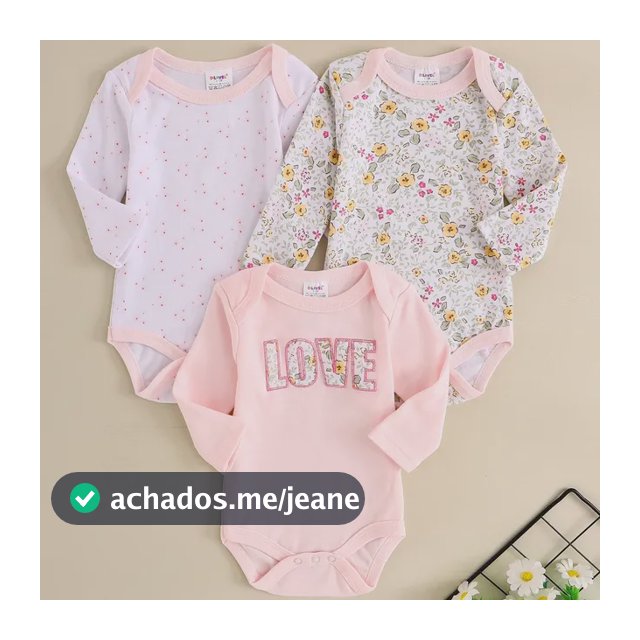 Kit 3 Body Bebê Menina Manga Longa Algodão Pink 3m Florido