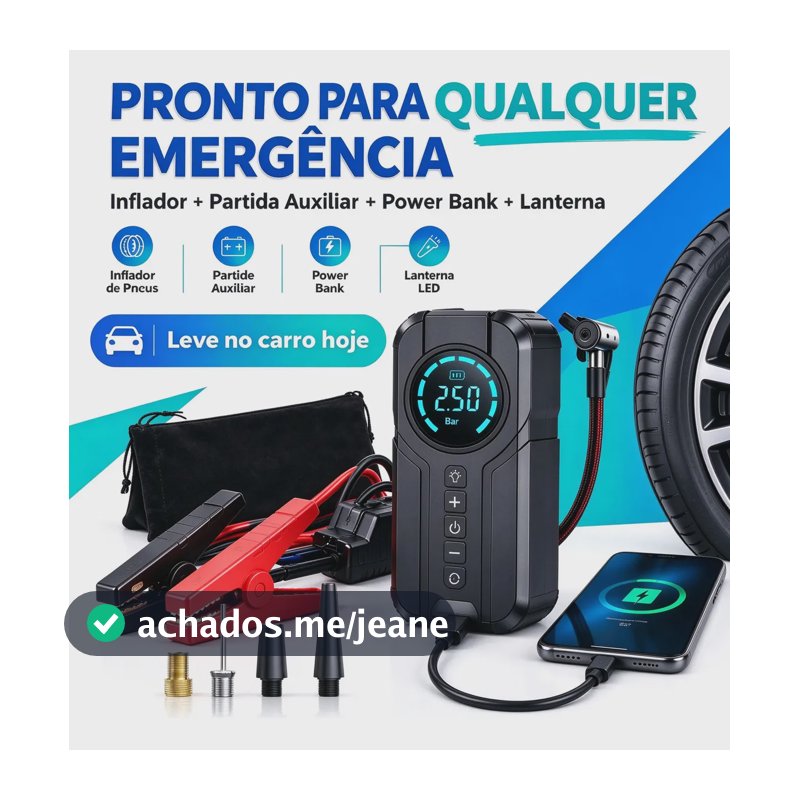 Mini Compressor de Ar Portatil 12V 4 em 1 Digital com Partida Auxiliar Power Bank Lanterna LED - Inflador e Calibrador de Pneu Automatico para Carro Moto Bicicleta Bola 150PSI