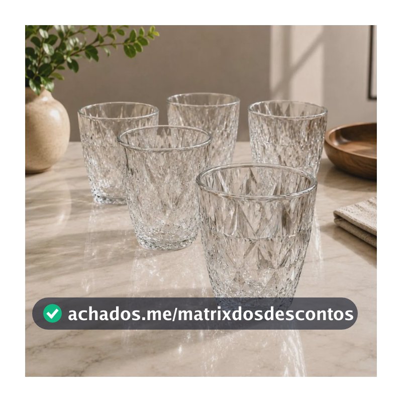 Jogo 6 Copos Baixos Diamond 300ml Vidro Resistente Diamante Transparente
