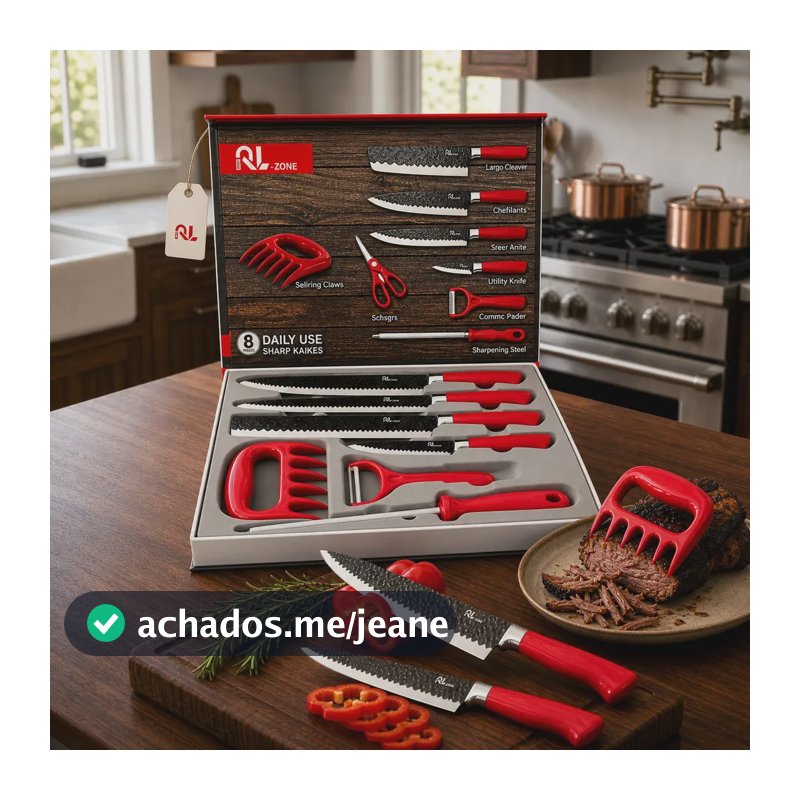 Conjunto De Facas Chef Profissional 8 Peças Churrasco Inox Vermelho
