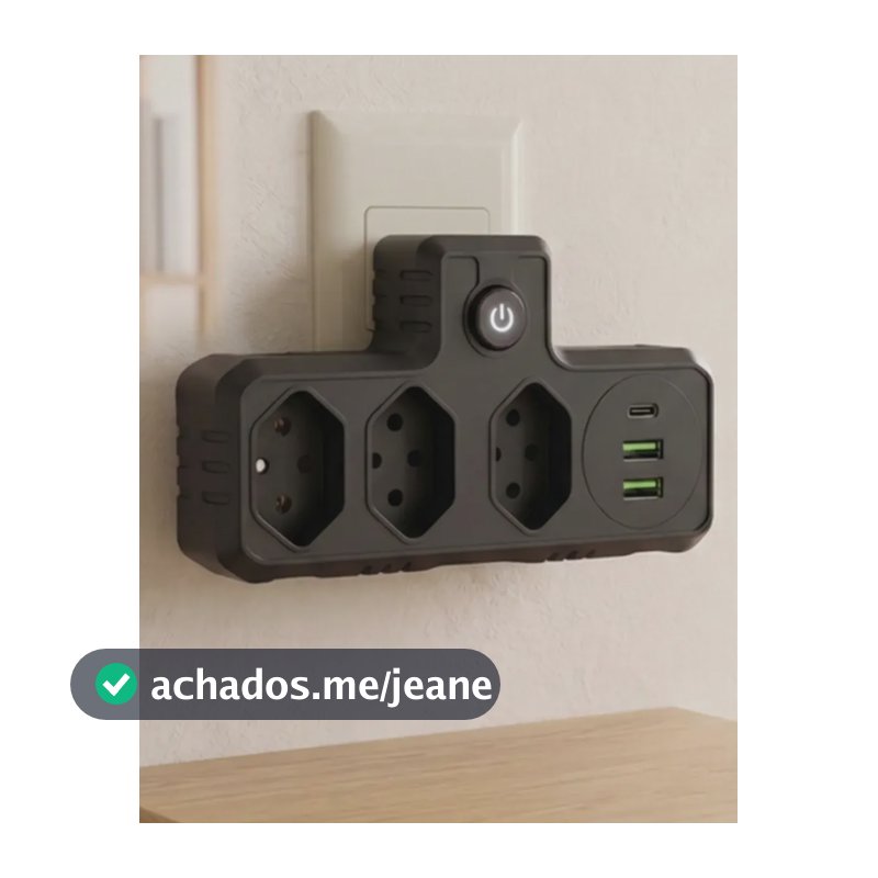 Adaptador Universal Tomada Benjamim Com 3 Entradas Bivolt Padrão BR 10A, 2 Entradas USB e 1 Tipo C Na Cor Preto - Black Raipe