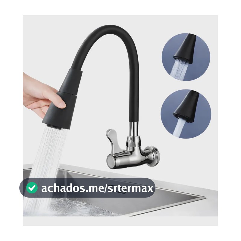 Torneira Gourmet Para Cozinha 2 Jatos Bica Móvel Parede Preta Flexível Jato Cone