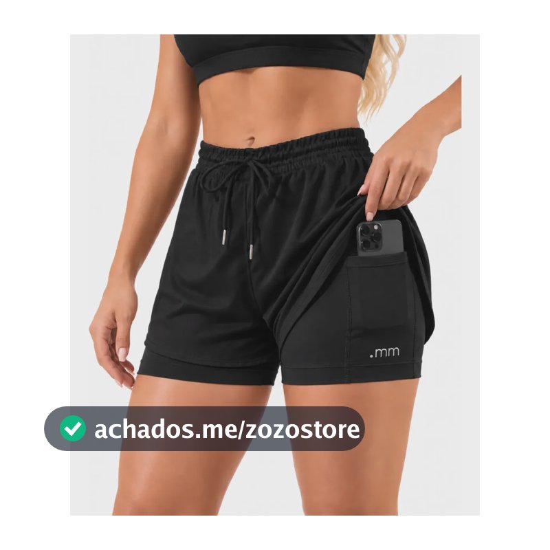Short Duplo Feminino 2 Em 1 Academia Com Bolso Cintura Alta Preto G