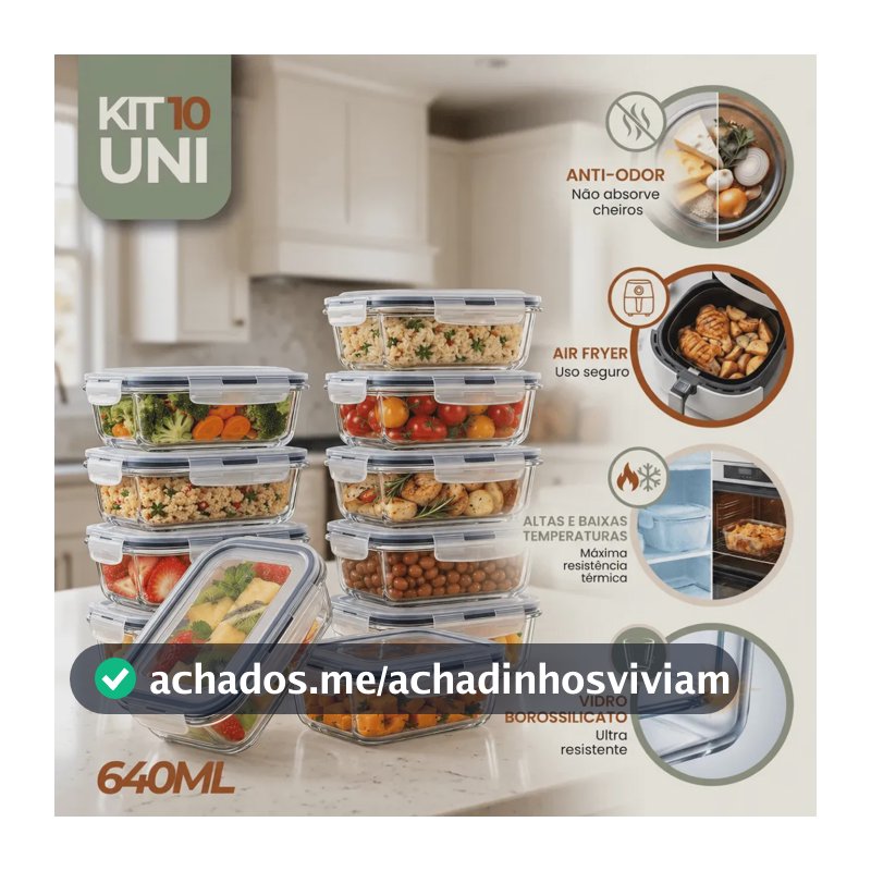 Kit 10 Potes Vidro Hermetico Vai Ao Forno Microondas 640ml Marmita Hermético Freezer Fitness Rishon