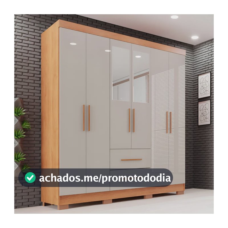 Guarda-roupa Casal com Espelho 6 Portas 2 Gavetas Sallêto Cinamomo/Off White