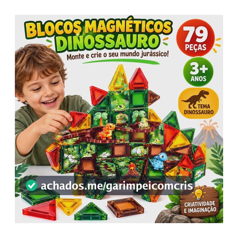 Blocos de Montar Magnéticos Dinossauro 79 Peças Presente Infantil Brinquedo Super Brasileirinho