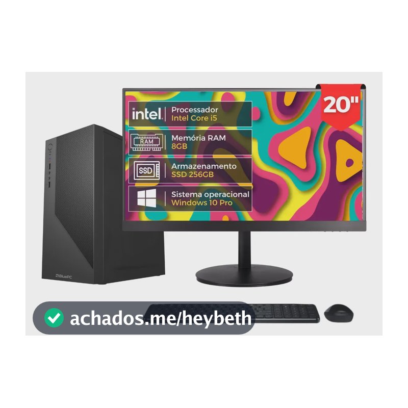 Computador Completo Fast Intel Core i5, 8GB RAM, SSD 256GB, Windows 10 Pro, Bivolt, Preto, Monitor 20" LED, Mouse e Teclado - BluePC CD2E-0110FA