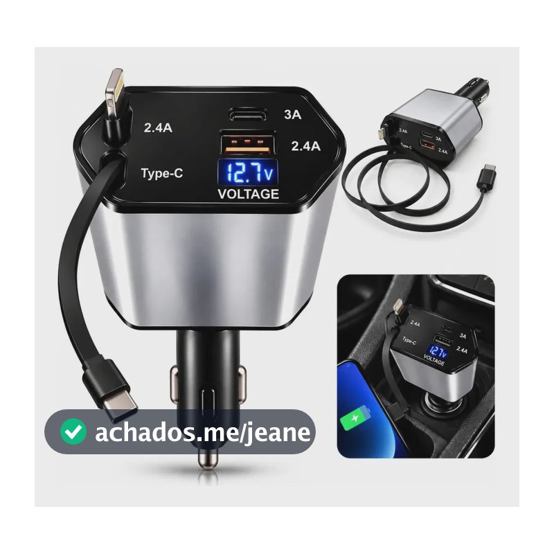 Carregador Celular Veicular Turbo Rápido 120W 4 Em 1 Cabos Retráteis Tipo-C + Portas USB USB-C Android IOS Display Led Digital Voltagem 12V 24V Automotivo Carro Caminhão SUV's