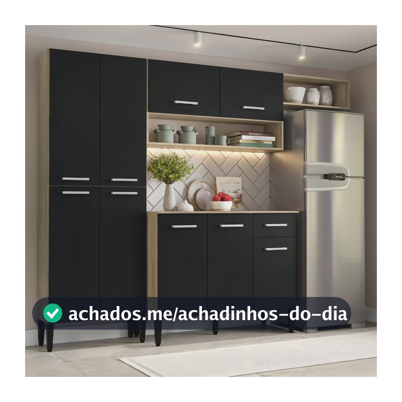 Cozinha Compacta Arizona Glam Com Armário E Balcão Carraro Cor Carvalho/Preto