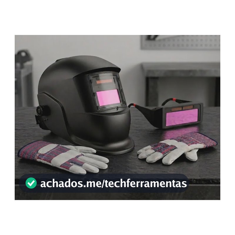 Máscara Solda Escurecimento Automático + Luva Raspa E Óculos Preto